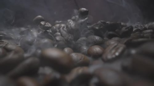Steaming Roasted Coffee Beans Falling, Close Up
