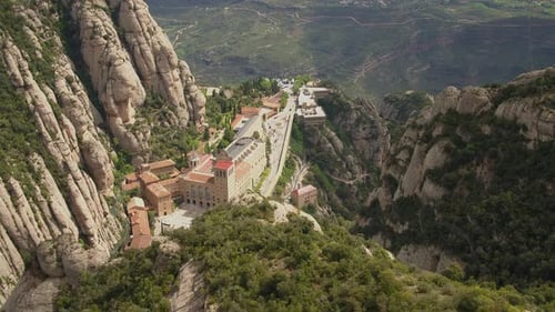 Beautiful aerial shot from above of Santa Maria de Montserrat monastery, Catalonia. Spain