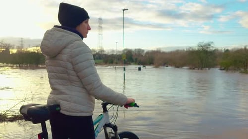 Flooded Road Rainy Season Climate Change Extreme Weather Concept Young Female Cyclist Standing with