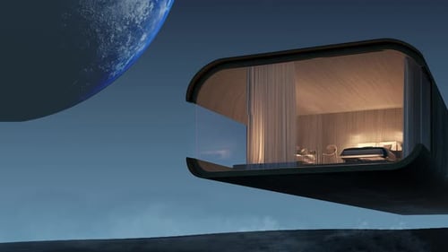 El exterior de una casa futurista: animación de alta calidad