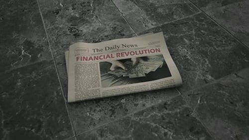 Newspaper Headline Financial Revolution with Money on Tiled Floor