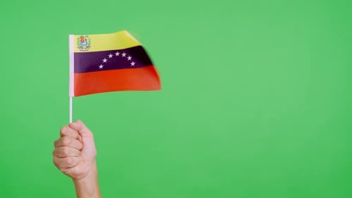 Hand Holding Waving Venezuelan Flag on Green Screen