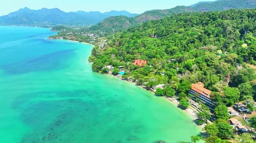 Aerial view of a tropical coastline with stunning beaches in Thailand. 4K.