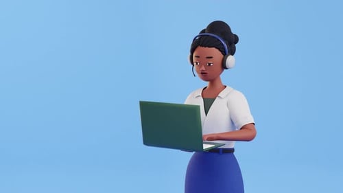 3D Animated Customer Support Representative Working on Laptop