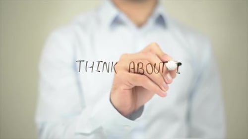 Hand Writes 'Think About It' on Clear Surface