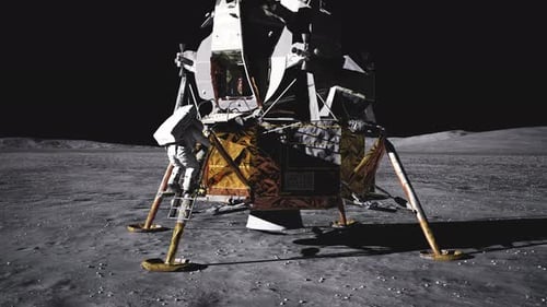 Astronaut Descends from Lunar Module on Moon Surface