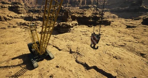 Heavy Crane Hook Lowering in Arid Industrial Landscape