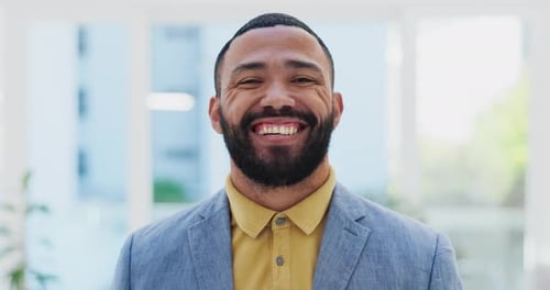 Face, happy and office business man, designer or creative agent smile for startup company success