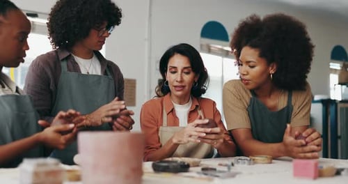 Pottery, learning and art teacher with people in workshop for skills with clay