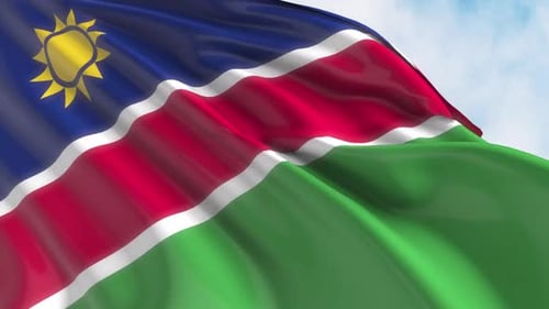 Realistic Waving Flag of Namibia on Blue Sky Background