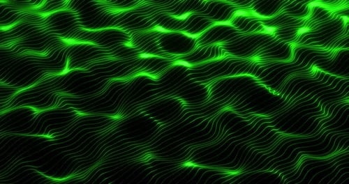 Green energy waves from particle dots and stripes lines glowing futuristic beautiful. Abstract backg