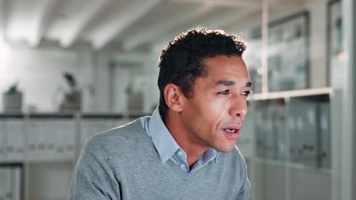 Office, business man and research with computer for receptionist, online review