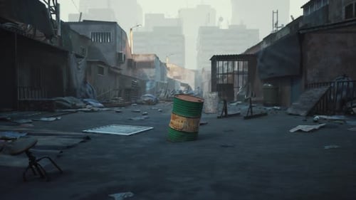 Abandoned Urban Street with Debris and a Green Barrel in a Desolate Environment