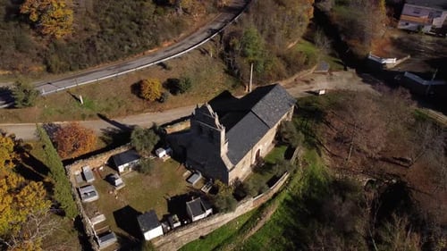 Scenic mountain town church and graveyard