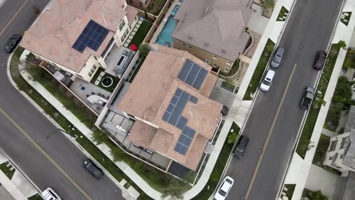 Tustin home with solar on roof, aerial view, sustainable energy