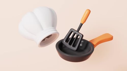 Animated 3D Chef Hat, Frying Pan, and Spatula