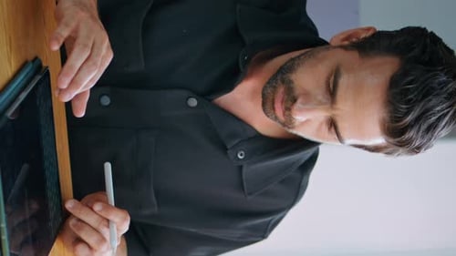 Handsome Freelancer Typing Tablet Sitting Table Close Up Man Chatting Vetical