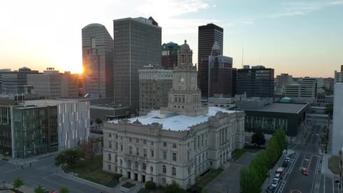 Polk County Courthouse at sunset. Downtown Des Moines, Iowa government building with skyline during