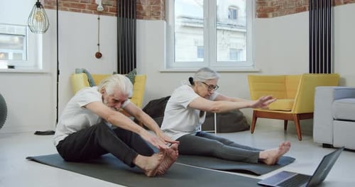 Senior Couple Stretching at Home on Yoga Mats