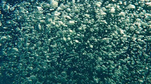 Camera passes through continuous curtain of air bubbles rising to surface water from deep sea