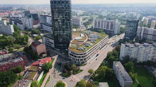 Business City Center in Skyscraper Against Cityscape Aerial View