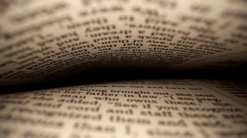 Sortir l'objectif d'un livre centré sur la page. Vue des pages à l'œil nu. Mise au point centrale, pages déchirées