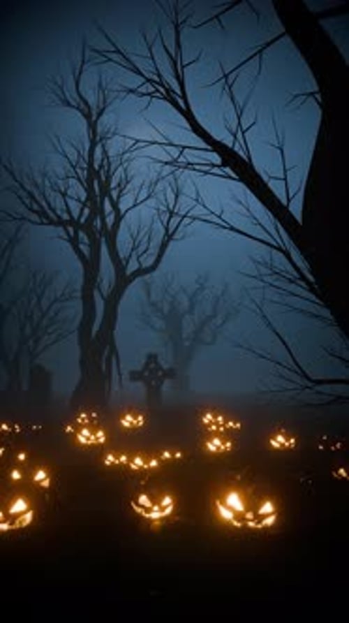 Glowing Jack-o'-Lanterns in a Foggy Haunted Forest Graveyard Portrait