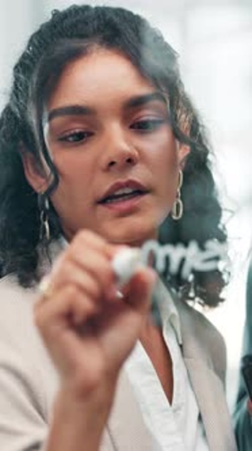 Glass wall, planning and writing with business woman in office for brainstorming or development