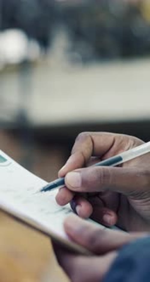 Clipboard, hands and writing on construction site with developer for building