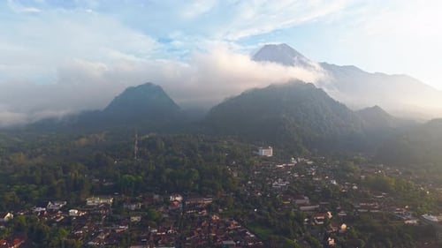 Aerial view of Mount Merapi and Kaliurang, Indonesia.