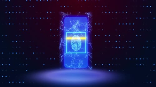Neon Digital Fingerprint Scan on Smartphone with Plexus Effect