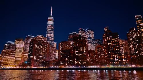 Spectacular luminous Manhattan skyline at night.