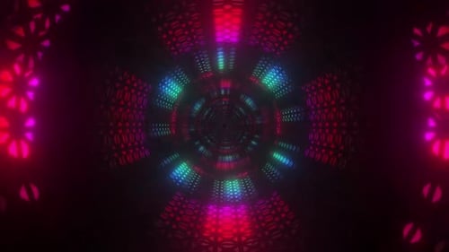 Dynamic neon tunnel with glowing geometric patterns and vibrant lights