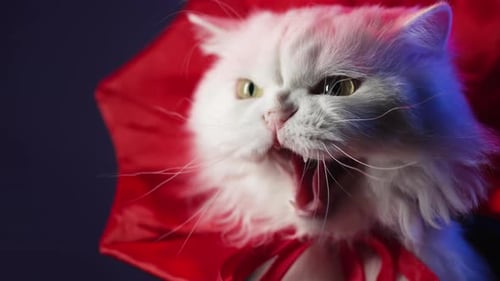 Dangerous White Cat Hissing Kitty in Dracula Vampire Costume Halloween Party