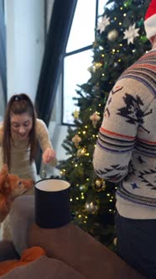 Woman Decorates Christmas Tree with Dog and Man