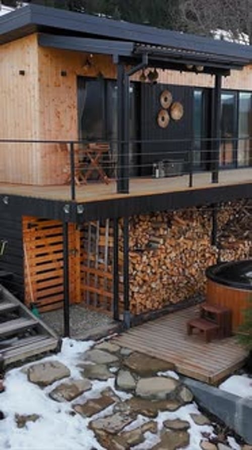 Cozy Wooden Mountain Cabin with Firewood Storage Hot Tub and Balcony Offering a Scenic Winter