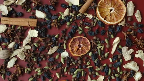 Mulled Wine Spices Still Life Ingredients on Red