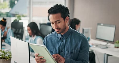 Media agency, tablet and man in office, typing and copywriting with online submission