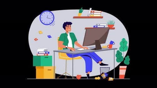 Animated Office Worker Sitting at Desk Flat Design