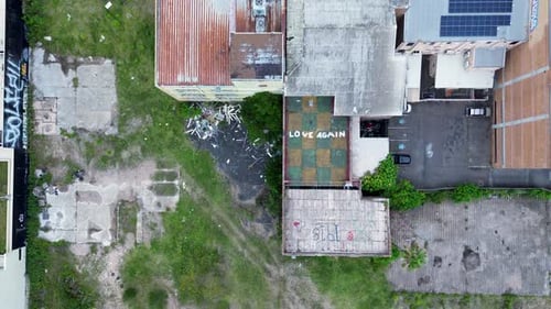 Drone aerial bird's-eye view of abandon derelict building block Gossy Good Times Gosford CBD tourism