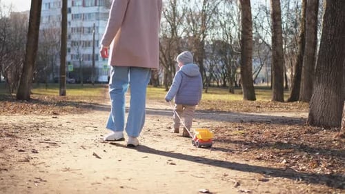 Happy Family Outdoor Back View of Mother and Her Child on Walk in Park Mom Walking Along Road with