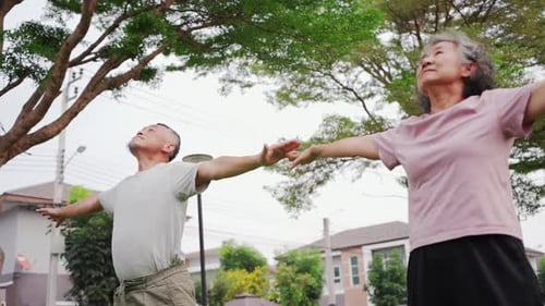 Asian Senior couple standing on green grass in wide arm pose during outdoor morning