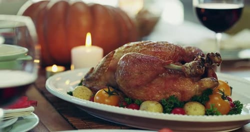Food, holidays and roast chicken or turkey on a dining table for supper, lunch or dinner party