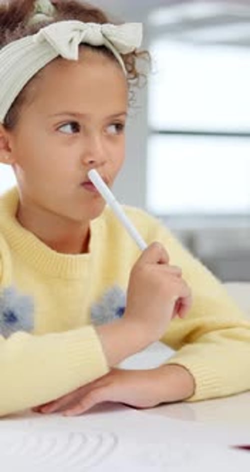 Kid, thinking and idea for homework, study and learning for growth and development