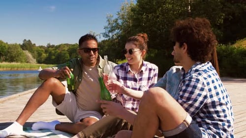 Friends Relaxing by Lake Cheering with Drinks