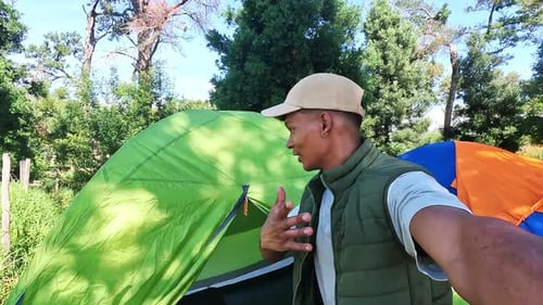 Happy Camper Vlogging Outdoors in the Forest