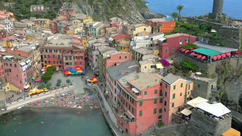 Aerial 4K footage of Vernazza, Cinque Terre in Italy.