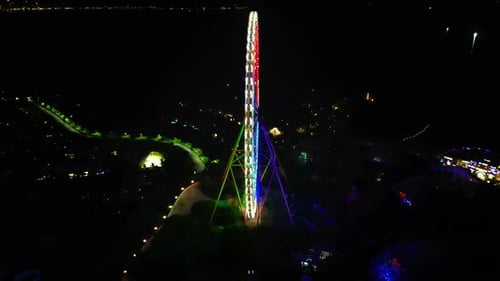 Top View Aerial of Ferris Wheel in Amusement Park at Night Ferris Wheel Lights in the Evening