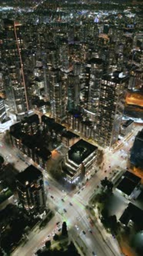 Aerial View on Downtown of Vancouver at Night Canada Vertical Video