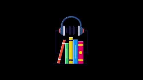 Animated Flat Design Books and Headphones for Audiobook Concept